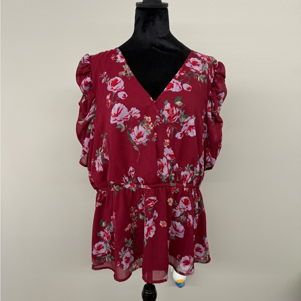 Maurices Red Peplum Blouse with Puff Sleeves